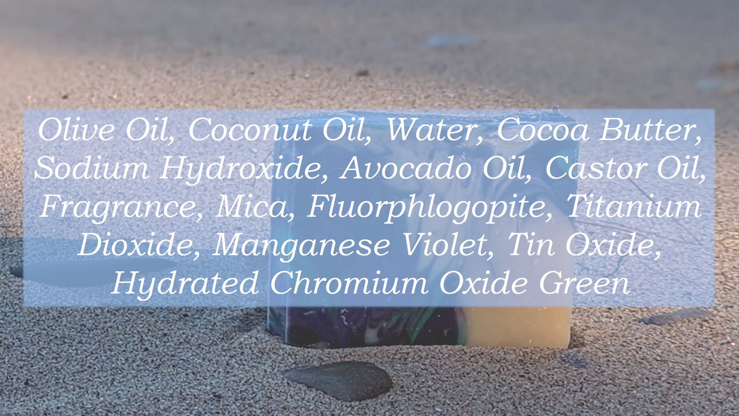 Ingredient list: Olive Oil, Coconut Oil, Water, Cocoa Butter, Sodium Hydroxide, Avocado Oil, Castor Oil, Fragrance, Mica, Fluorphlogopite, Titanium Dioxide, Manganese Violet, Tin Oxide, Hydrated Chromium Oxide Green