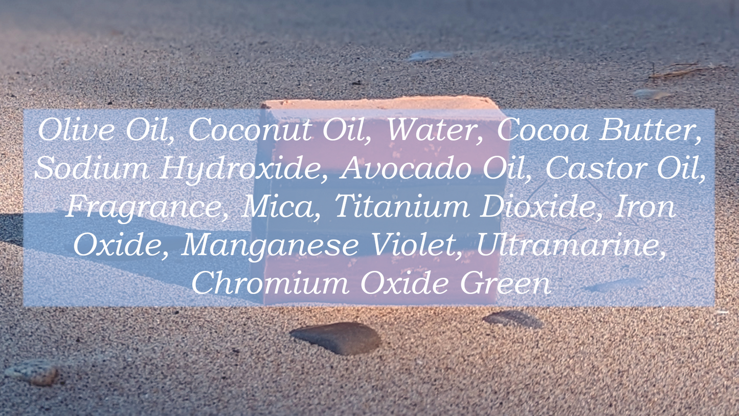 Ingredient list: Olive Oil, Coconut Oil, Water, Cocoa Butter, Sodium Hydroxide, Avocado Oil, Castor Oil, Fragrance, Mica, Titanium Dioxide, Iron Oxide, Manganese Violet, Ultramarine, Chromium Oxide Green