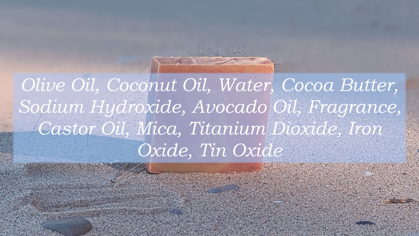 Ingredient list: Olive Oil, Coconut Oil, Water, Cocoa Butter, Sodium Hydroxide, Avocado Oil, Fragrance, Castor Oil, Mica, Titanium Dioxide, Iron Oxide, Tin Oxide