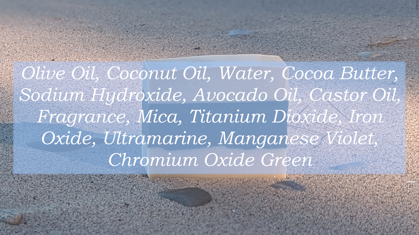 Ingredient list: Olive Oil, Coconut Oil, Water, Cocoa Butter, Sodium Hydroxide, Avocado Oil, Castor Oil, Fragrance, Mica, Titanium Dioxide, Iron Oxide, Ultramarine, Manganese Violet, Chromium Oxide Green