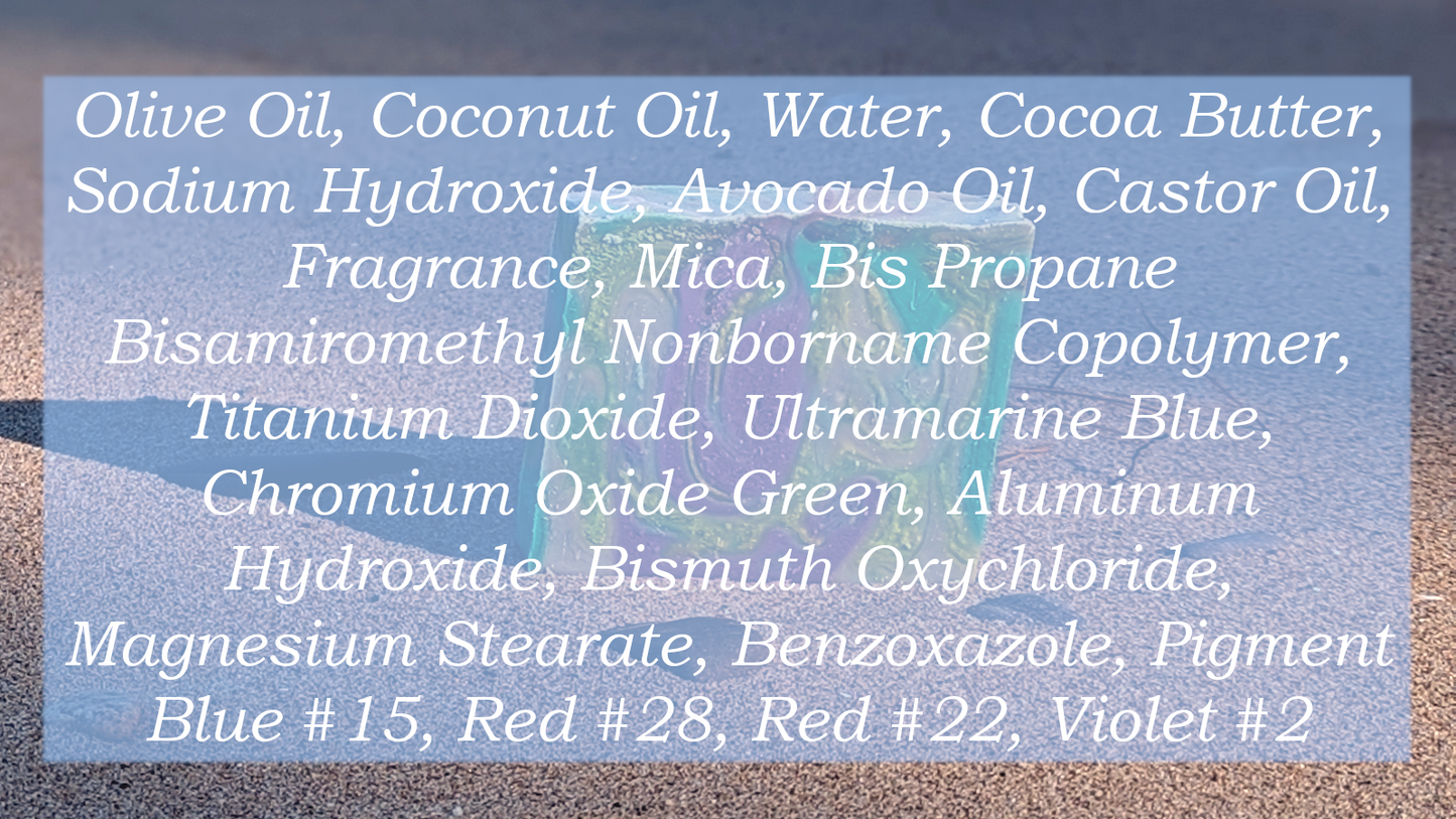 Ingredient list: Olive Oil, Coconut Oil, Water, Cocoa Butter, Sodium Hydroxide, Avocado Oil, Castor Oil, Fragrance, Mica, Bis Propane Bisamiromethyl Nonborname Copolymer, Titanium Dioxide, Ultramarine Blue, Chromium Oxide Green, Aluminum Hydroxide, Bismuth Oxychloride, Magnesium Stearate, Benzoxazole, Pigment Blue #15, Red #28, Red #22, Violet #2