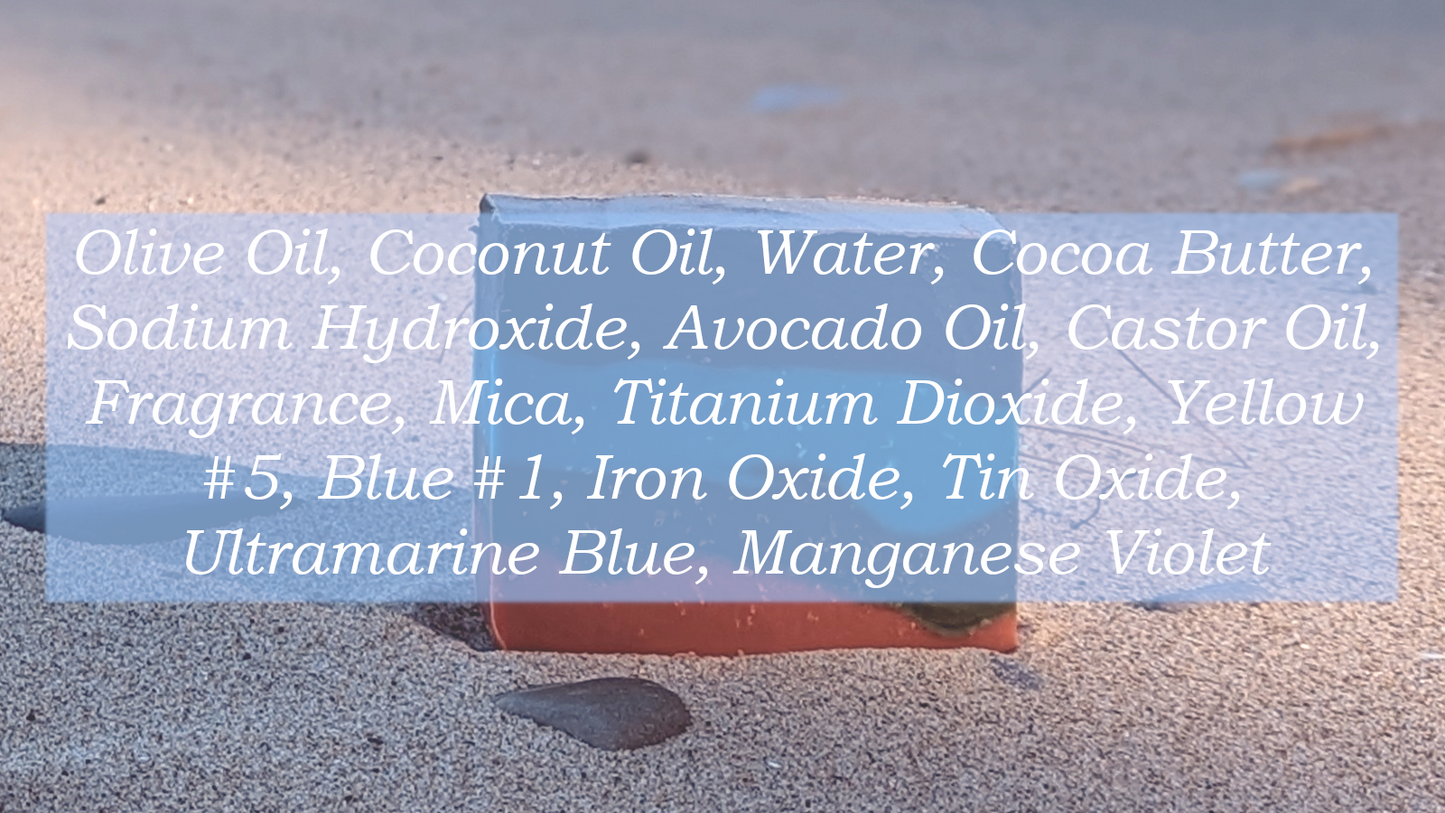 Ingredient list: Olive Oil, Coconut Oil, Water, Cocoa Butter, Sodium Hydroxide, Avocado Oil, Castor Oil, Fragrance, Mica, Titanium Dioxide, Yellow #5, Blue #1, Iron Oxide, Tin Oxide, Ultramarine Blue, Manganese Violet